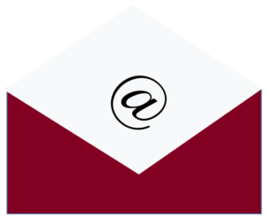 A maroon envelope with its flap open, revealing the @ symbol